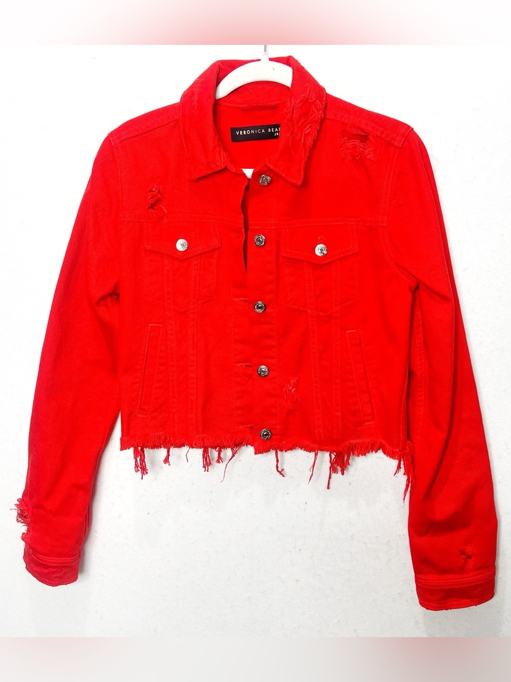 Veronica Beard Neon Red Distressed Jean Jacket - Picture 2 of 7